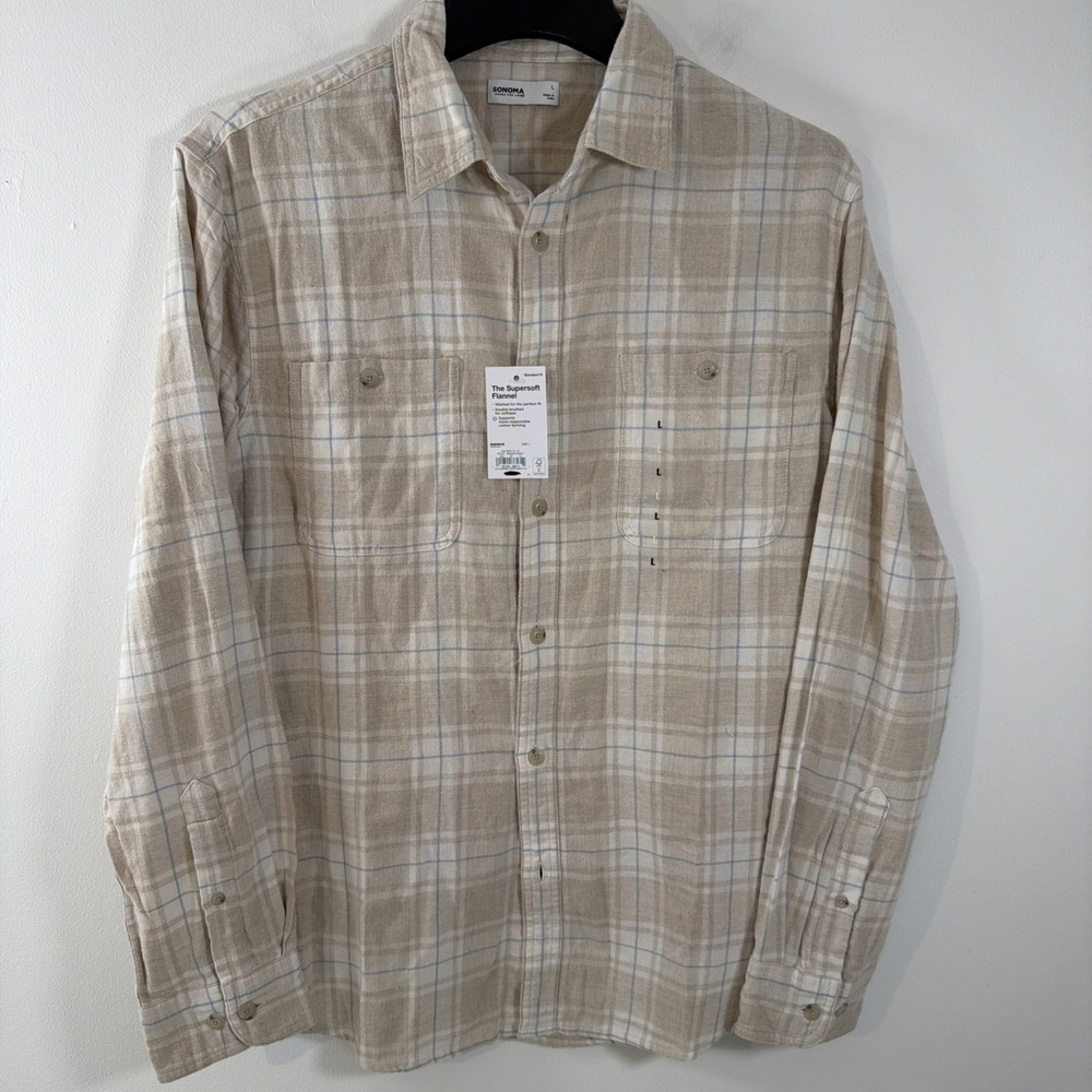 Sonoma Shirt Large Cream Plaid Super Soft Flannel Button Down Long Sleeve NWT